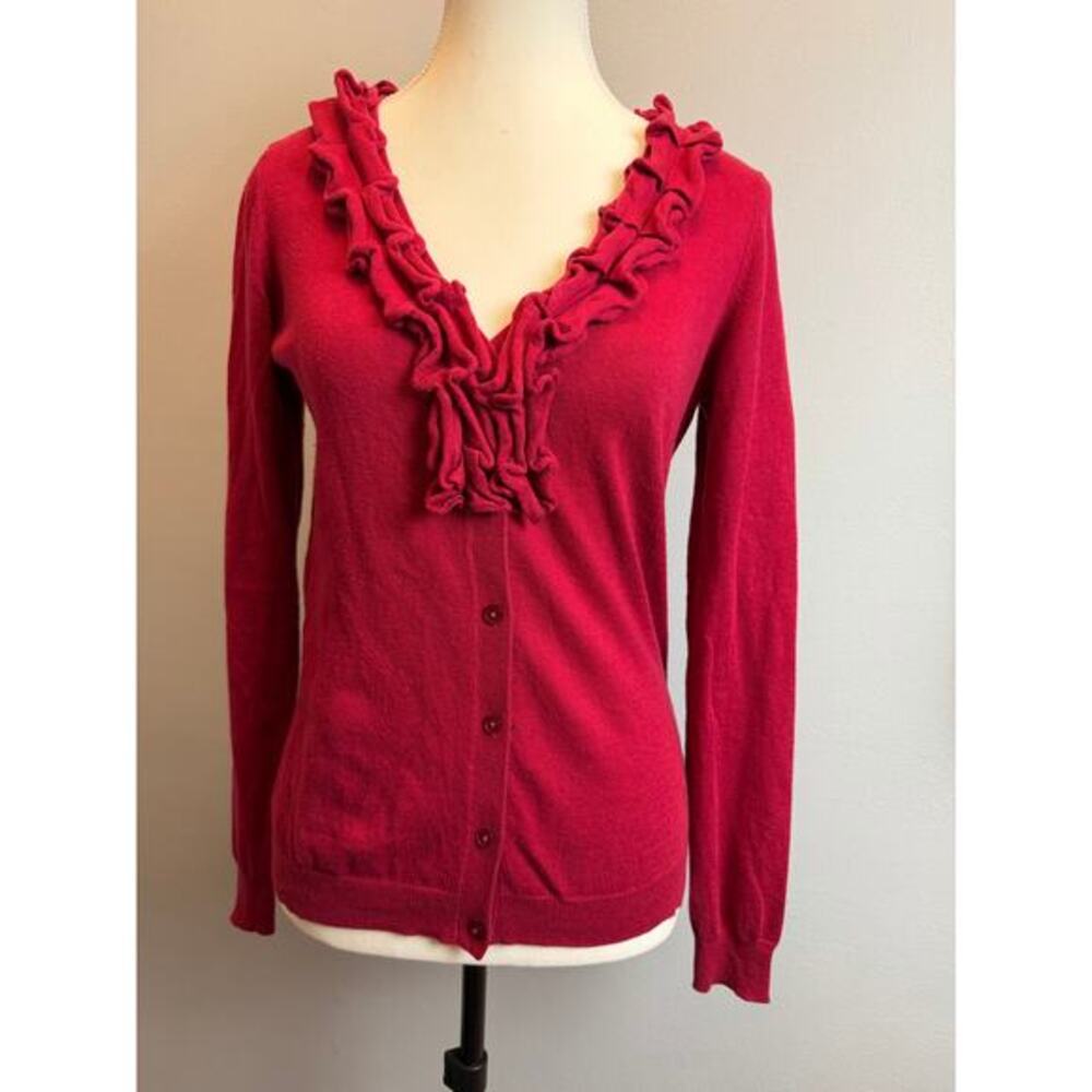 Talbots XS Red Ruffle Trim V-Neck Button Cardigan Sweater Holiday *Flaw